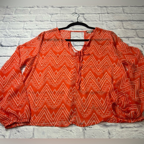 Eyeshadow Orange and White Geometric  Print Sheer Blouse. Whimsigoth. Chevron. - Picture 3 of 7